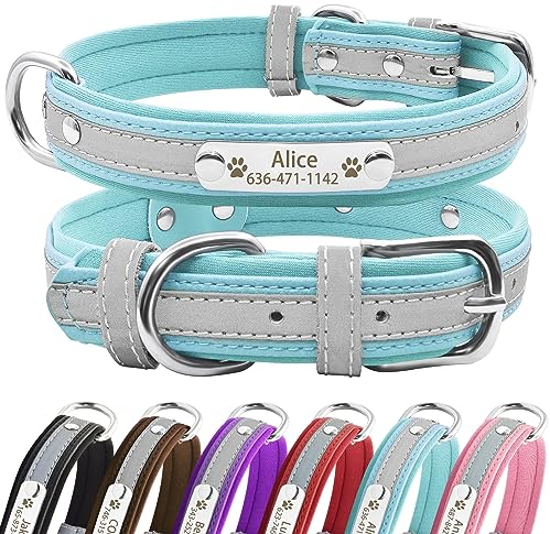 Senristar Personalised Reflective Dog Collars with Neoprene Padded,Custom Engraved Dog Collar with Name Plate for Small Medium Large Dogs (XS,Blue)