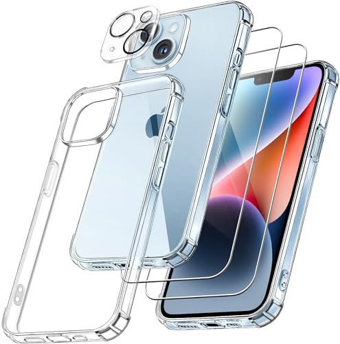 FLLAO 4 in 1 Handyhülle Kompatibel für iPhone 14 Hülle mit 2 Stück Schutzfolie und 1 Stück Kameraschutz, Weiches TPU Silikon Stoßfest Schutzhülle Case für iPhone 14 6,1 Zoll, Transparent
