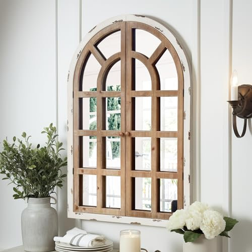 Specchio per finestra ad arco,Specchio per finestra rustica della fattoria della cattedrale, 61 x 91 cm, grande specchio in legno per finestra, specchio decorativo ad arco bianco