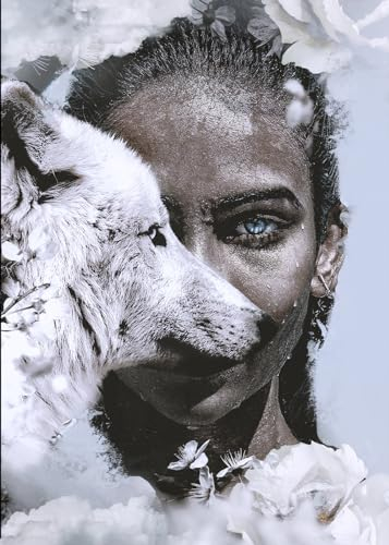 STYLER Glasbild Wolf & Woman 80 x 120 cm I Wandbild Glas modern für Küche Wohnzimmer Schlafzimmer Flur I Modern Hingucker Frau weiß Blumen groß XXL