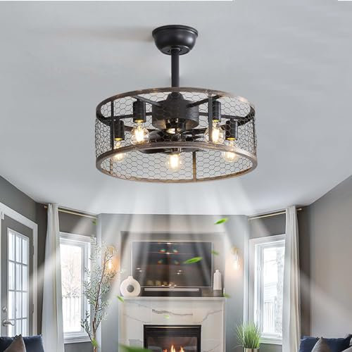 YFouCnd I Gabbia Industriale Ventilatore Da Soffitto Con Luce E Telecomando Creatività Reversibile Smart Ventola Soffitto Con Luce 6 Velocità Silenzioso Soggiorno Ventilatore Lampadario Timer