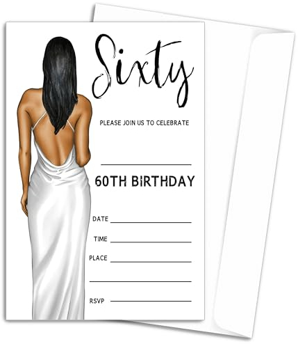 zriauber Einladungen zum 60. Geburtstag, elegantes Kleid, Portrait, 60. Geburtstag, Einladungen mit Umschlägen für Frauen, Geburtstagsparty, Feier, Gastgeschenk und Zubehör, 20 Stück, A20