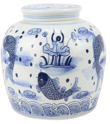 Fine Asianliving Chinesischer Vase mit Deckel Porzellan Blau Weiß Koi Fisch Handgemalt D23xH23cm China Dekorative Blumenvase Orientalische