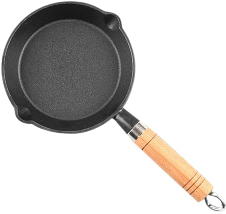 VANZACK Mini Cast Iron Skillet 5inch Round Non Stick Fry Pan Single Egg Frying Pan with Drip Spouts and Wooden Handle Pancake Pan Burger Omelet Cooker for Baking Cooking