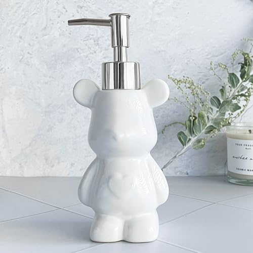 LUNESTELLA Handseifenspender mit süßem Bärenmotiv aus Keramik, mit silberfarbener Pumpe, für Kinderbad, Flüssigseife, Lotion, 193 ml, Weiß