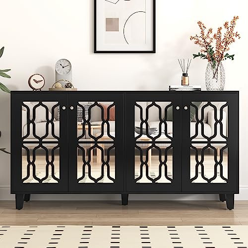 LERFAN Verspiegeltes Sideboard Kommode Anrichte Aufbewahrungsschrank Küchenschrank mit Vier Türen, Regalen und Kristallgriffen für Wohn- und Esszimmer, 160B x 40T x 84H cm Schwarz
