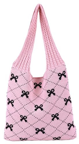 Tote All'uncinetto Y2k Con Fiocco per Donne - Coquette Estetica Hobo Bag - Borsa a Tracolla Lavorata a Maglia - Tote Bow Stampata, Nero e Rosa
