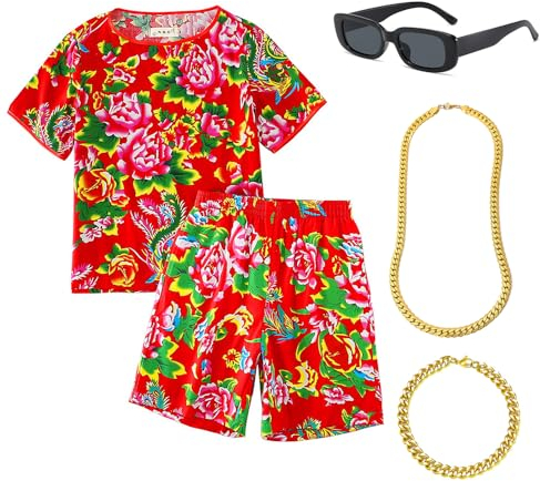 5 Stück Hip Hop Kostümzubehör,Rock Kostüm Accessoires Unisex,Lustig Chinesische traditionelle Nordosten Blume Kleidung,mit Hip Hop Ketten,Halskette,Gläser,für Karneval Cosplay Kostüm Partydekoration