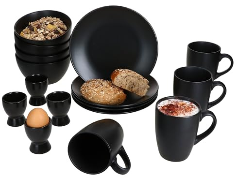 MamboCat Nero 16tlg Frühstücksset schwarz I Je 4x matte Teller, Schalen 400ml, Kaffeebecher 250ml & Eierbecher für 4 Personen I Steingut-Geschirr für Frühstücks- & Kaffeezeit