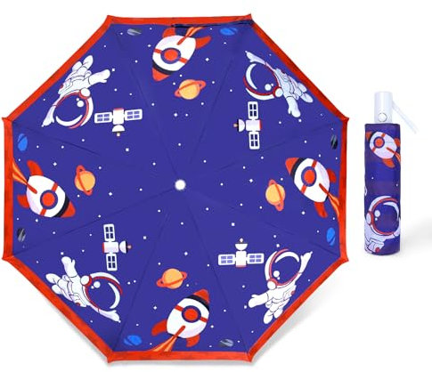 Regenschirm Kinder mit Niedlichem Muster, Kinderschirm Reflektierend mit Schirmhülle & Auf-Zu-Automatik, Taschenschirm Winddicht Sturmfest für Jungen Mädchen Leicht zu Transportieren-Astronaut Rakete