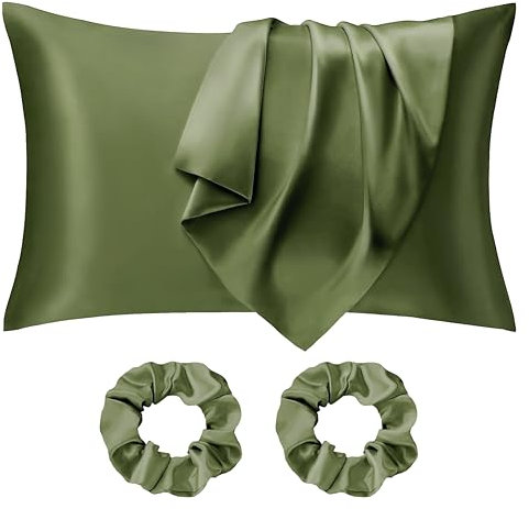 Seiwohl Satin Kissenbezug 40 x 80 2er Set, Weich wie Seidenkissenbezug Silk Pillowcase, Vegane Seide Kopfkissenbezug Kissenhülle Seidenkopfkissen für Haar und Haut mit 2 Haargummis, Olivgrün