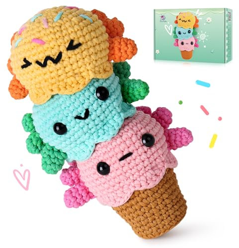Crochetta Häkelset für Anfänger, Häkel-Starter-Set mit Schritt-für-Schritt-Video-Tutorials, Anfänger-Häkelset für Erwachsene, Kinder, Damen, Herren, komplettes Set enthalten (Eiscreme-Axolotls)