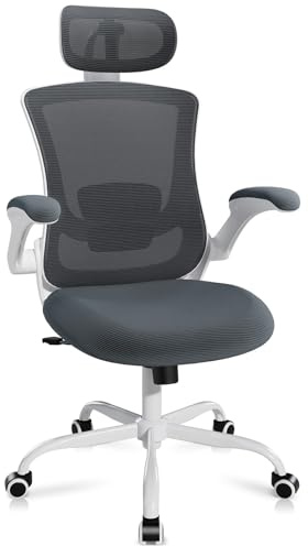COLAMY Ergonomic Office Chair with Adjustable Lumbar Support & Headrest, High Back Mesh Desk Chair, Flip-Up Armrests, Breathable & Comfortable Computer Chair for Home, Office & Study – Grey