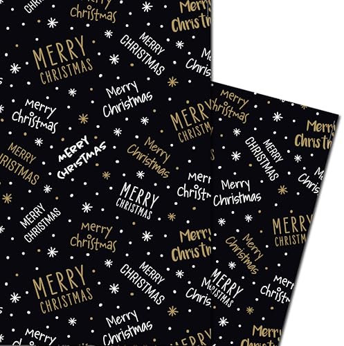 Geschenkpapier Weihnachten schwarz 5 Bögen – edles Weihnachts-Einschlagpapier mit außergewöhnlichen 'Merry Christmas'- Motiven – ideal für schicke Geschenke – DIN A2 (42 x 59 cm)