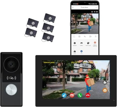 Videoportero Sistema de Intercomunicación 2 Hilos 1080P, Pantalla Táctil de 7 Pulgadas, Detección de Personas, Audio bidireccional, Visión Nocturna, Resistente al Agua, Control de Acceso RFID