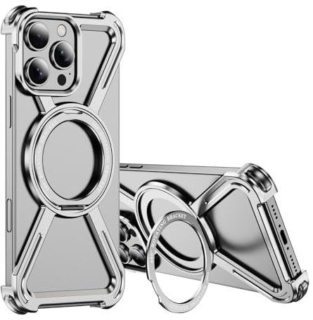 HUHUCASE Schutzhülle für iPhone 14/15/16Promax aus Metall, drehbare Halterung, magnetische Wärmeableitung, militärische Rüstung, Schutzhülle (Silber, iPhone 14 Plus)
