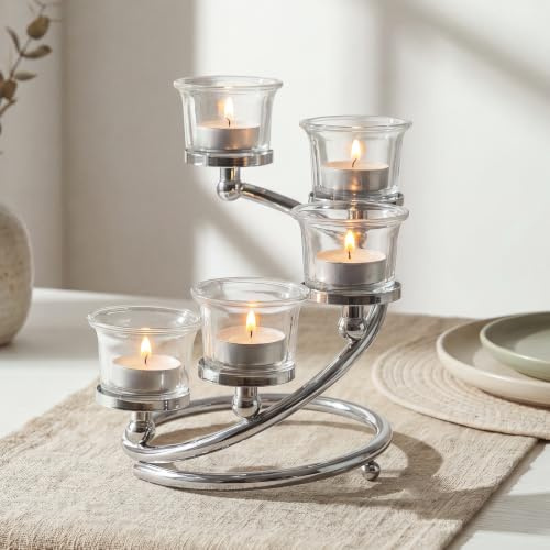 Kolnlala 1Pc Silver 5-arm Metal & Glass Tea Light Candle Holders for Table Centerpiece, Glass Votive Tealight Holders/Candelabra Candlestick Holders for Wedding,Party, Anniversary,Christmas