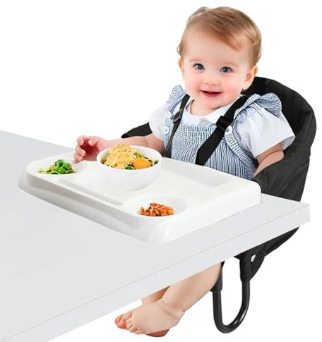 Tischsitz Klappbarer,Sitzerhöhung Tragbarer mit Abnehmbares Tablett,Korb Kinderstuhl,Baby Hochstuhl mit 5-punkt Sicherheitsgurt und Tragetasche für Tischdicken von 2,5 bis 7,5 cm (Schwarz)