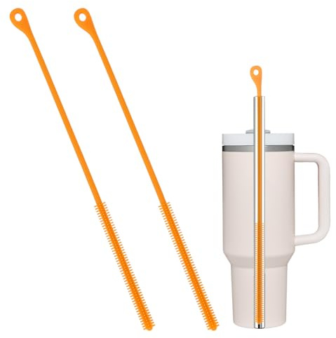 2pcs Silicone Straw Brush, 9.5in Straw Cleaner Brush Extra Long Cleaning Brushes Reusable Travel Drinking Bottle Lid Cleaning Tool for Stanley Metal Glass Straws (Orange)
