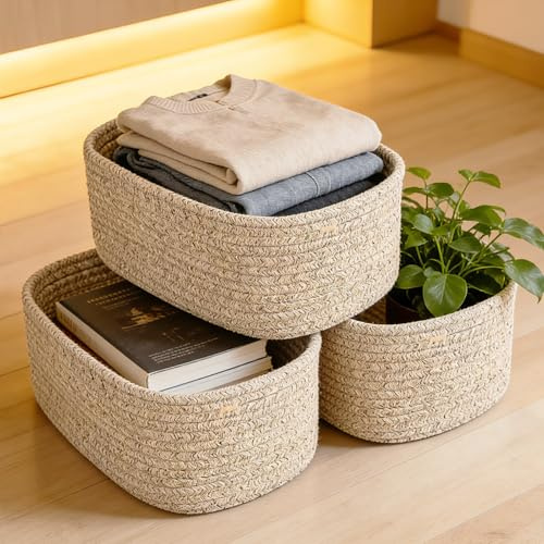 Woven Storage Baskets 3 Packs with Handle (13 x 8.6 x 5) Cotton Rope Basket / Decorative Storage Boxes / Bathroom Baskets / Wicker Storage Basket / Wicker Basket for Shelves, Counter & Closet