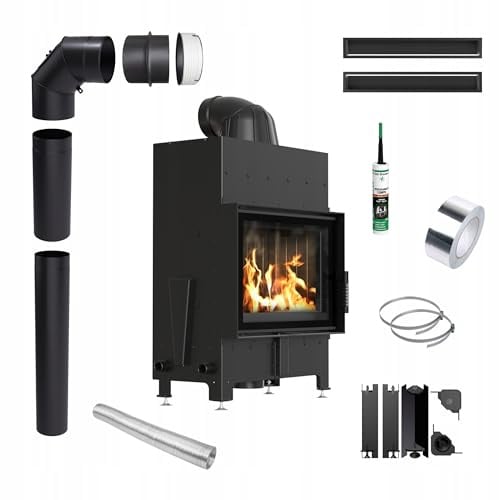 KRATKI Kamineinsatz Holzofen Stahl Floki Schwarz 8kW ∅160 BImSchV 2 Wirkungsgrad 80% Kamineinsätze Holz Leistungsbereich 3-11kW Traditioneller Kamineinsatz Komplettset mit Zubehör