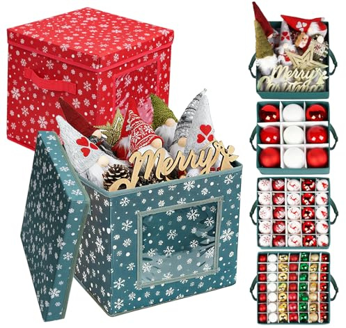 Anstore Christbaumkugeln Aufbewahrung für 166 Kugeln, 2 Stück Aufbewahrungsbox Kombinationsmodell Weihnachtskugeln, 4 Ebenen Rot Grün Sortierbox für Christbaumkugeln Weihnachtsschmuck mit Unterteiler