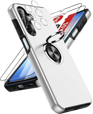 LeYi for Samsung Galaxy A17 Phone Case with 2 Screen and 2 Lens Protector | Invisible Metal Ring Stand Holder Shockproof Protective Mobile Cover for A 17 4G/5G - Silver