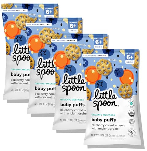 Little Spoon Blueberry Carrot Meltable Baby Wheels, Organic Corn, Quinoa & Sorghum, No Added Sugar Snacks, Encourages Self-Feeding, 1 Oz Bag, 4 Pack