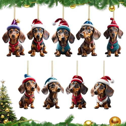 ZYEKIU 9 Stück Dackel Weihnachtsschmuck 2D Acryl Weihnachtsbaum Anhänger | Acryl Dachshund Dackel Weihnachten Weihnachtsanhänger Cartoon Weihnachten Deko für Weihnachtsbaum Hängende Dekoration