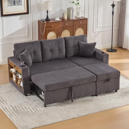 Merax Sofa Ecksofa mit Schlaffunktion, Praktisches Schlafsofa mit Stauraum, Ablagen & Getränkehalter, USB+Type C, LED-Beleuchtung, Ausziehbares Schlafcouch für Wohnzimmer/Schlafzimmer, Dunkelgrau