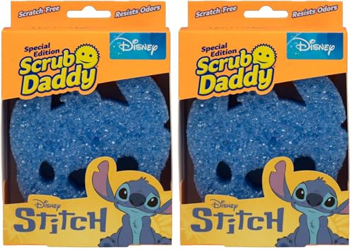 Scrub Daddy Disney Stitch Esponja, Estropajo Cara Sonriente Limpieza Anti-Rayaduras, Esponja Lavable Antibacteriana y Reutilizable para Cocina y Baño, con Flextexture (Paquete de 2)