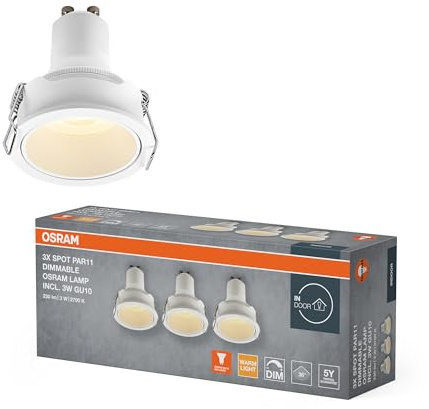 Osram Spot Set PAR11 LED Einbaustrahler DIM 3W 827 Weiß, 2700K Warmweiß, Aluminium, Dimmbar kompakt, 3er-Set