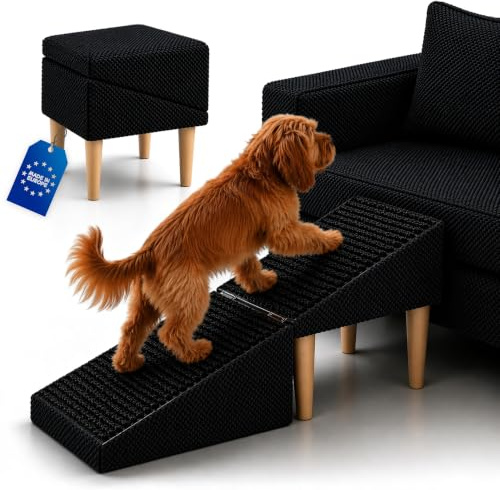 Outentin Hundetreppe klappbar – Hunderampe für Sofa & Bett, 36 cm hoch | Punktmuster Schwarz – rutschfeste Haustiertreppe, weich & stabil, für kleine & große Hunde