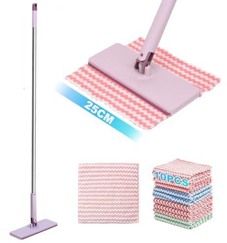 Sgizoku - Scopa per Polvere con Clip e Manico, Testa Rotante Grande da 25 cm, Mocio Pigro con Clip, Mocio Piatto a Clic Senza Contatto, Manico Lungo 125 cm, 10 Panni Lavabili