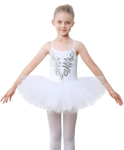 FONLAM Ballettklänning för Flickor Ballettkläder Bomull Gymnastikdräkt Baletttrikå Dansklänning Balett Tutu Barn (7-8 år, Vit)