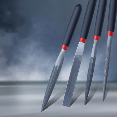 4-Piece Mini Needle File Set, Round Flat Half-Round Triangle Rasps, Precision Hardened Carbon Steel for Metal Wood Model Making, 118mm Length with Ergonomic Handle