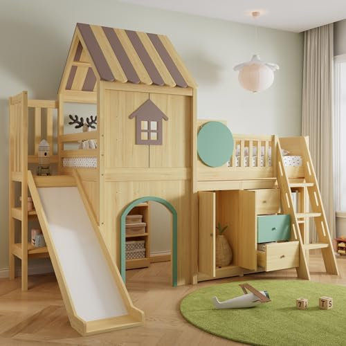 Lcoho Letto a soppalco con scivolo, letto a castello, design a casa, scala a tre livelli, con ripiani, cassettiera e guardaroba, pino + MDF, naturale + verde, 90 x 200 cm