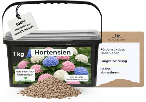 Flora Boost PRO Hortensien Dünger 1 kg Granulat | Langzeitdünger NPK 8-5-5 für Bauern-, Rispen- & Tellerhortensien I Für üppige Blüten, kräftiges Wachstum & gesunde Pflanzen