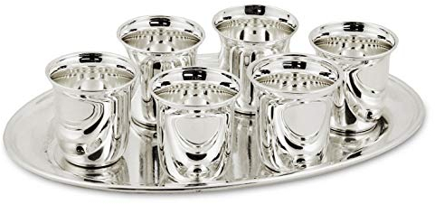 Edzard 7-piece schnapps set, 6 schnapps cups and serving tray, heavy silver plated, tray 8,7 x 5,9 in, cup height 2,0 in, capacity per cup 0.04 liters