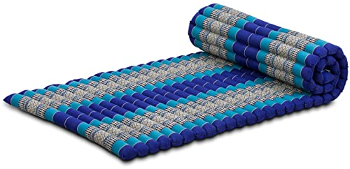 livasia Rollmatte Rollmatratze M schmal Einzelbett - 200x75x4,5cm - Gästebett Gästematratze 1 Person mit Muster, Reisebett Kofferraum Outdoor, Thaimatte Kapok Garten handgefertigt (Blau)