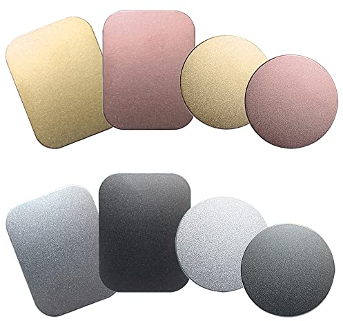 SENHAI 8 Piezas Soporte de Coche para teléfono Placa de Metal con Adhesivo magnético Montaje sin Cuna, 4 rectangulares y 4 Redondos, Negro, Plata, Oro, Rosa roja
