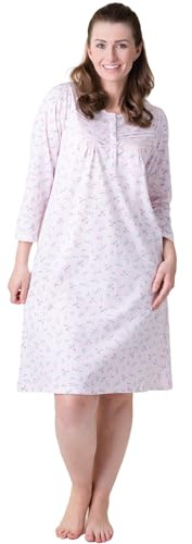 Camille Organic Cotton Women's Nightie | Floral Knee Length Lightweight Ladies Cotton Nightdress, Relaxed Fit Traditional Nighty with Long Sleeves