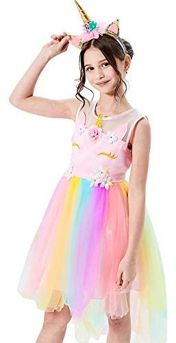 Sunny Fashion Mädchen Kleid Einhorn Regenbogen Tüll Einhorn Stirnband Party Gr. 122