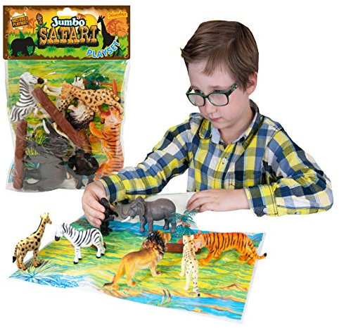 Jumbo Playset - Animali Safari di Deluxebase. Set da gioco con modellini di grandi dimensioni. Sacchetto con tigre, leone, giraffa, elefante, gorilla e ghepardo. Ottimi animali giocattolo per bambini