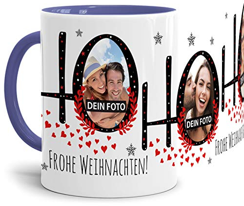 Tassendruck Weihnachts-Tasse HO HO HO zum SELBSTGESTALTEN mit Foto-Collage für 3 WUNSCHFOTOS - Persönliches Geschenk für Freunde und Familie - Innen & Henkel Cambridge Blau