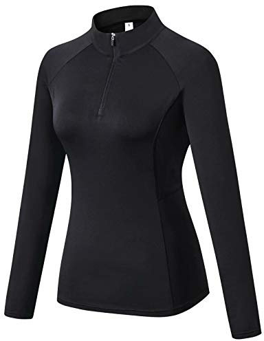 TERODACO Long Sleeve Running Top Womens Half Zip Thumb Loops UPF 50 Ladies Base Layer Top for Hiking Cycling Equestrian Gym Sports Riding Shirts Quick-Drying Breathability Wicking 506 Black L