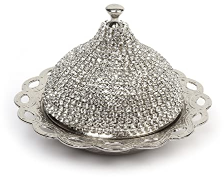 Alisveristime Beschichtete handgefertigte Messing-Schale für Zucker, Schokolade, Süßigkeiten, Servierschale mit Deckel (Kristall) (Silber)