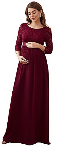 Ever-Pretty Robe de Grossesse Shooting Photo Longue Dentelle Femme Plissé Manches 3/4 Col Rond A Line Chic Bordeaux 40