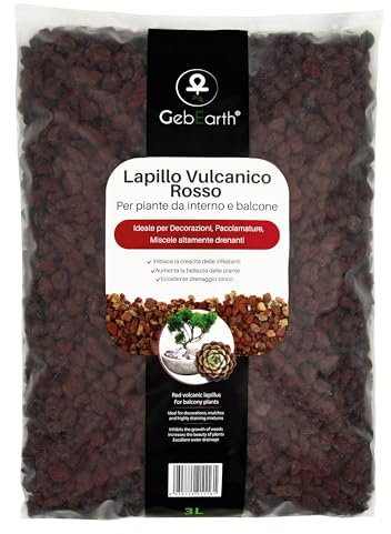 GebEarth® | Lapillo Vulcanico 5/10 mm rosso per piante | Decora vasi e composizioni di piante grasse | Potenzia il drenaggio e l'aerazione di tutti i substrati | Adatto per idroponica [3L]