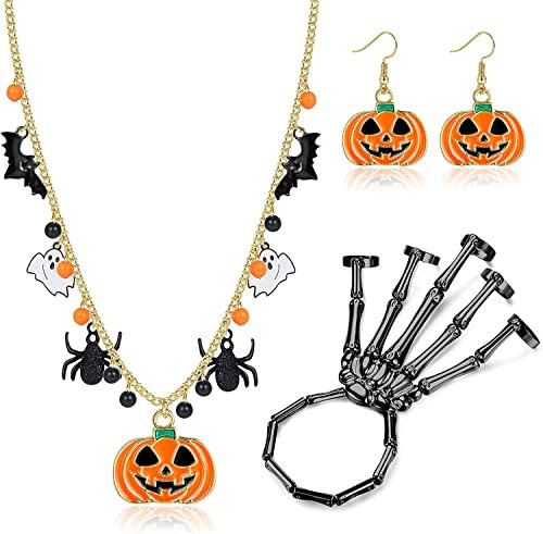ORAZIO 3 Stück Halloween Schmuckset für Damen und Teenager Halloween Geist Schädel Kürbis Anhänger Halskette Kürbis Tropfen Ohrringe Halloween Armbänder Stretch Skelett Hände für Damen und Herren